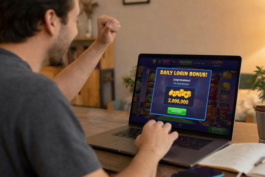 A person celebrating a daily login bonus at a sweepstakes casino on their laptop