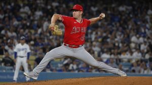Reid Detmers pitching for the Los Angeles Angels