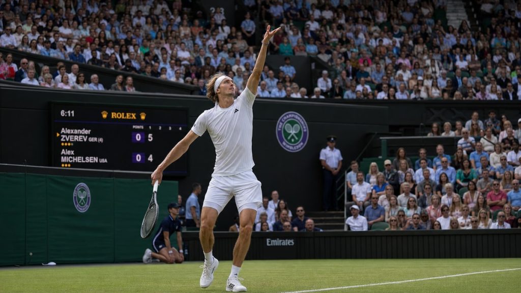 Alexander Zverev serving on Centre Court during the Wimbledon 2026 semifinal against Arthur Fery