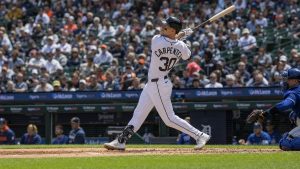 Kerry Carpenter batting for the Detroit Tigers at Comerica Park