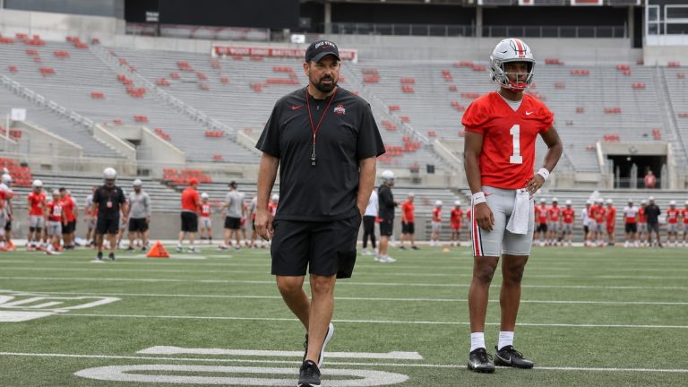 Ohio State Buckeyes sideline during preseason practice ahead of 2026 AP Top 25 No. 1 ranking