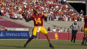 Jayden Maiava throwing a pass for the USC Trojans