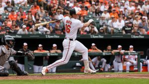 Coby Mayo batting for the Baltimore Orioles at Camden Yards
