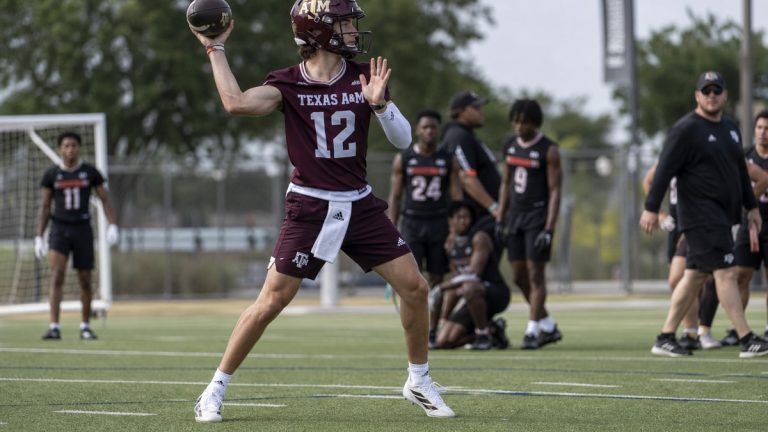 Five-star quarterback prospect in Texas A&M uniform throwing a pass at a summer showcase event