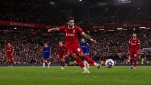 Dominik Szoboszlai taking the stoppage-time penalty for Liverpool against Newcastle United