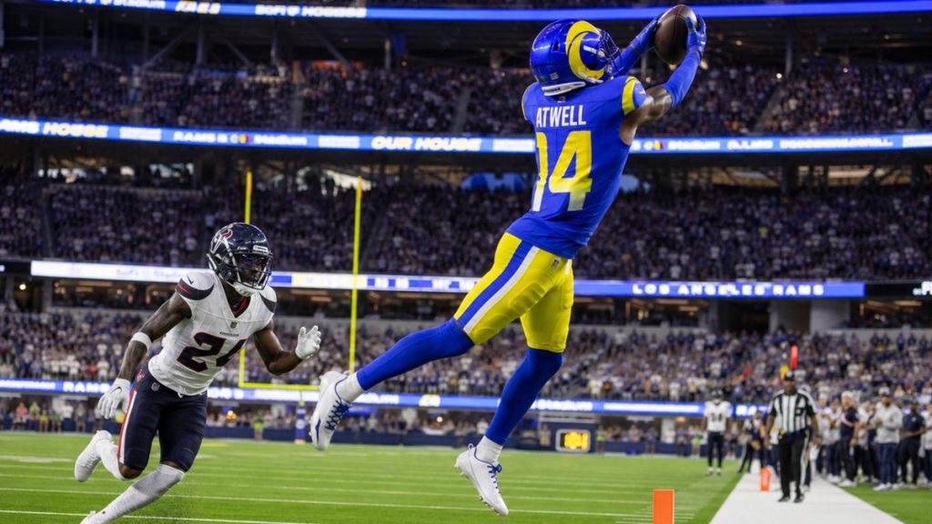 Tutu Atwell making a deep catch for the Los Angeles Rams