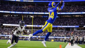 Tutu Atwell making a deep catch for the Los Angeles Rams