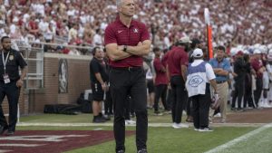 Florida State Seminoles head coach Mike Norvell on the sideline at Doak Campbell Stadium