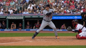 Colt Keith batting for the Detroit Tigers at Progressive Field