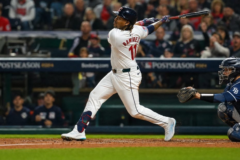 Jose Ramirez batting for the Cleveland Guardians at Progressive Field