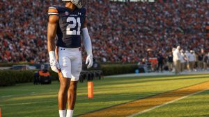 Auburn Tigers linebacker on the sideline at Jordan-Hare Stadium as Auburn dismisses Xavier Atkins