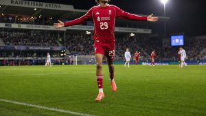 Bradley Barcola of Liverpool celebrating after scoring a hat-trick against LASK in the Champions League
