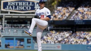 Tarik Skubal pitching for the Los Angeles Dodgers in NLDS Game 1 against the Braves