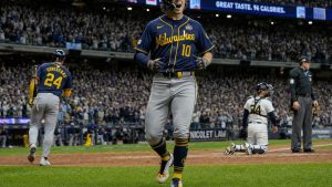 Sal Frelick of the Milwaukee Brewers celebrating a home run during the World Series