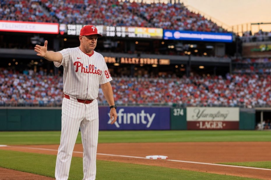 Carlos Mendoza coaching third base for the Philadelphia Phillies