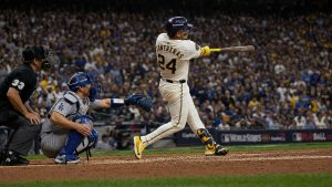 William Contreras batting for the Milwaukee Brewers in the World Series