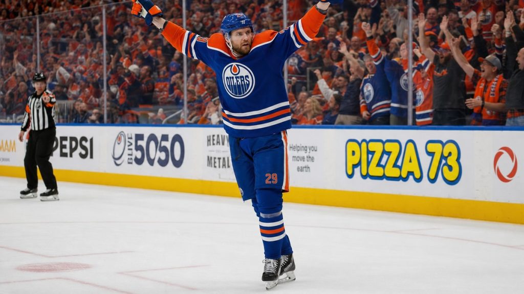 Leon Draisaitl of the Edmonton Oilers celebrating a goal at Rogers Place
