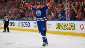 Leon Draisaitl of the Edmonton Oilers celebrating a goal at Rogers Place
