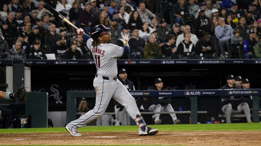 Jose Ramirez batting for the Cleveland Guardians during ALDS Game 3 against the White Sox