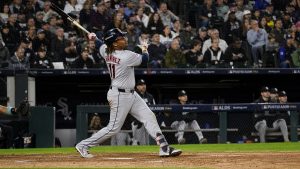 Jose Ramirez batting for the Cleveland Guardians during ALDS Game 3 against the White Sox