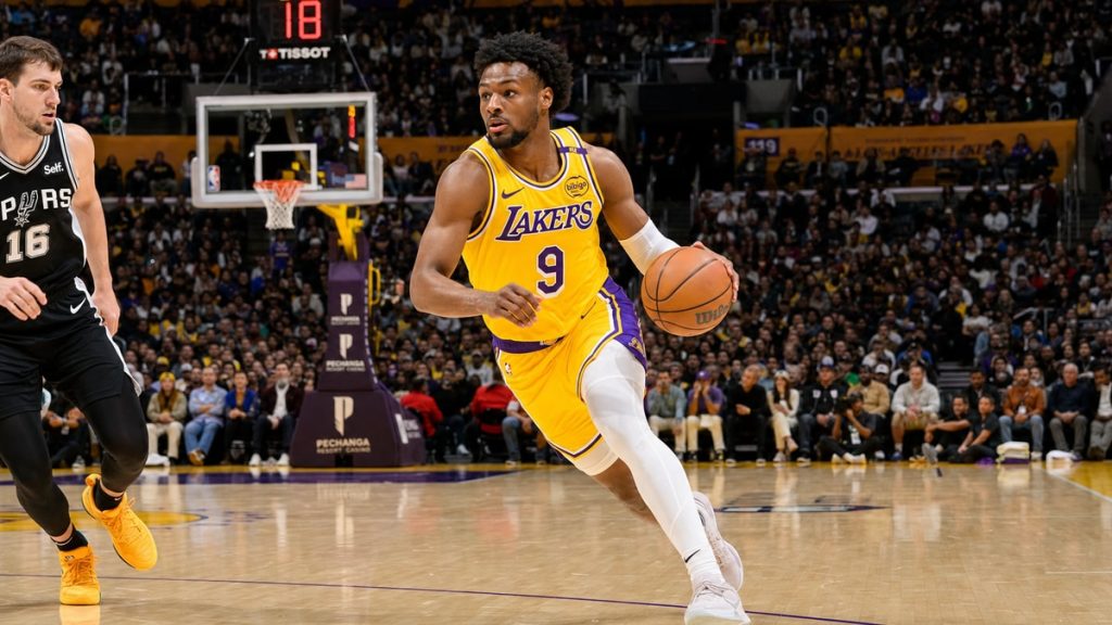 Bronny James of the Los Angeles Lakers driving to the basket in a game at Crypto.com Arena