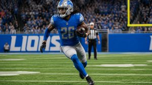 Jahmyr Gibbs running with the ball for the Detroit Lions ahead of their Sunday Night Football matchup with the Carolina Panthers