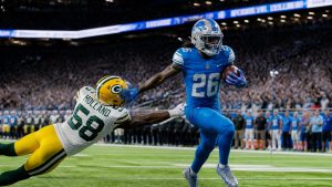 Jahmyr Gibbs running for the Detroit Lions against the Carolina Panthers on Sunday Night Football