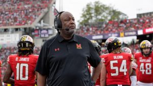 Maryland Terrapins head coach Mike Locksley on the sideline at SECU Stadium