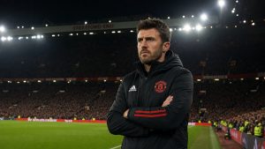 Michael Carrick, Manchester United head coach, on the touchline at Old Trafford