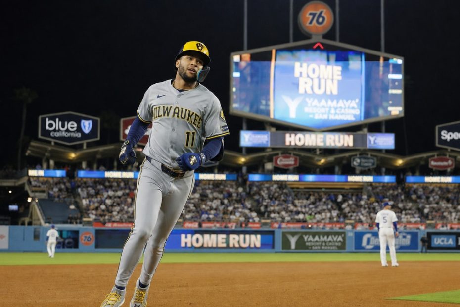 Jackson Chourio of the Milwaukee Brewers rounding the bases at Dodger Stadium
