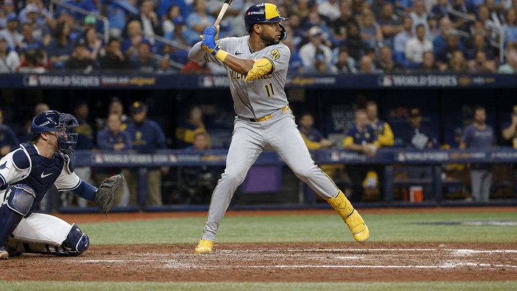Jackson Chourio batting for the Milwaukee Brewers in the World Series