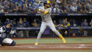 Jackson Chourio batting for the Milwaukee Brewers in the World Series
