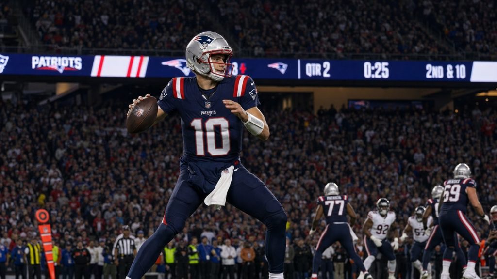 Drake Maye of the New England Patriots dropping back to pass at Soldier Field