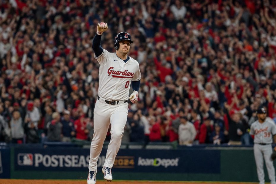 Petey Halpin of the Cleveland Guardians rounding the bases after a home run at Progressive Field
