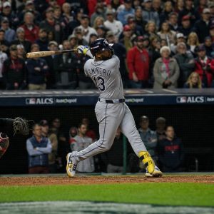Junior Caminero swinging for the Tampa Bay Rays in the ALCS