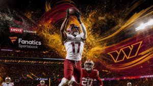 Terry McLaurin leaping for a catch for the Washington Commanders