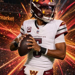 Jayden Daniels dropping back to pass for the Washington Commanders