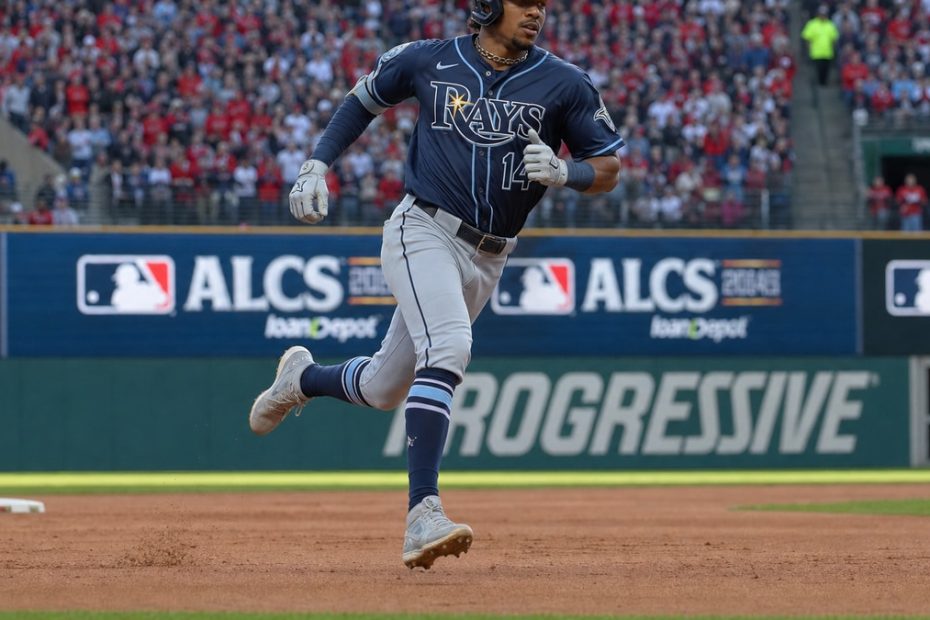 Chandler Simpson of the Tampa Bay Rays running the bases during the ALCS at Progressive Field