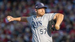 Drew Rasmussen pitching for the Tampa Bay Rays in the ALCS at Progressive Field