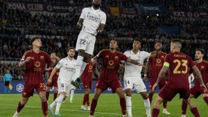 Antonio Rudiger of Real Madrid heading the ball in the penalty area against Roma at the Stadio Olimpico in the Champions League
