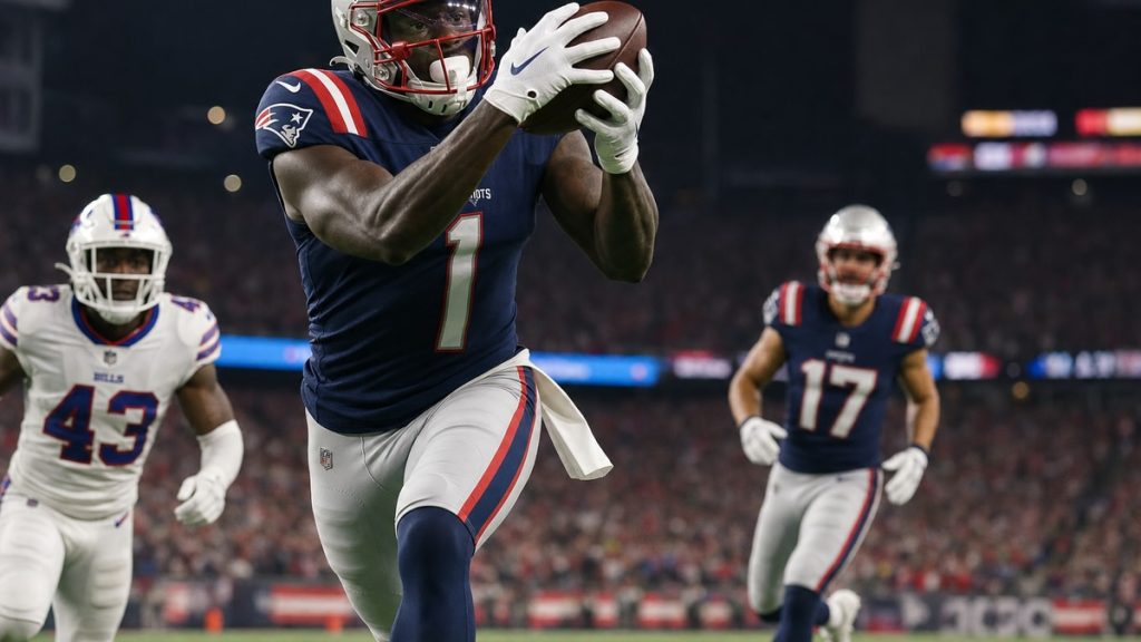 A.J. Brown of the New England Patriots making a catch in stride during a night game