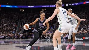 Veronica Burton of the Golden State Valkyries driving to the basket during the WNBA Finals at Chase Center